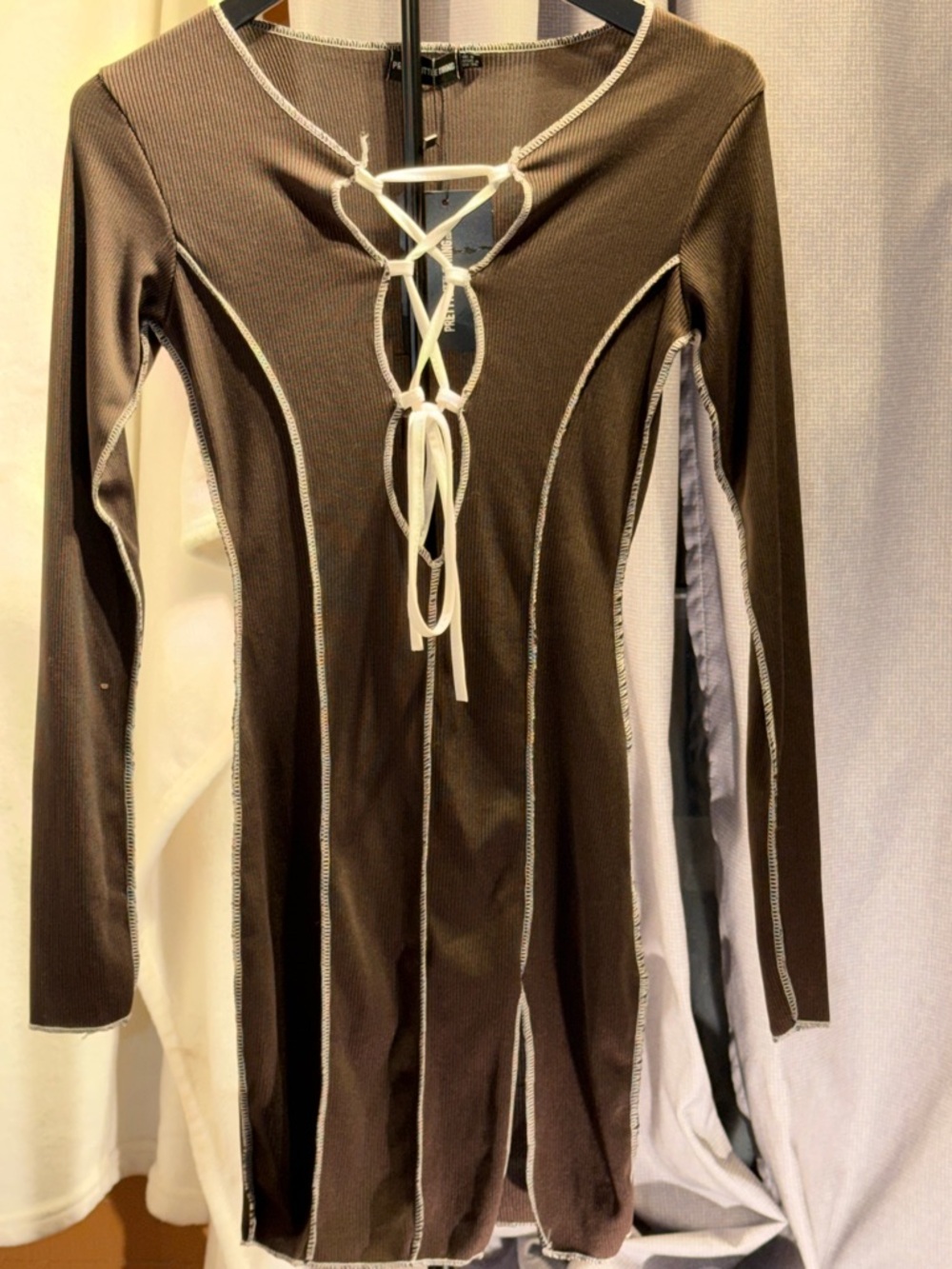 Brown Long Sleeve Lace-Up Ribbed Mini Dress with Contrast Stitching Bodycon Sz S - Picture 2 of 11